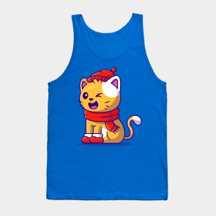 Cute Cat Winter Wearing Hat, Scarf And Shoes Cartoon Tank Top